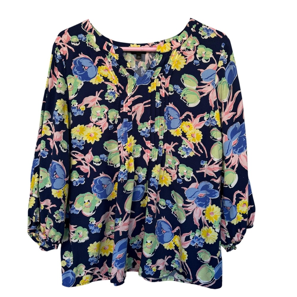 Talbots Shirt Womens Petite XL Blue Floral 3/4 Sleeve Rayon Tunic Top Boho